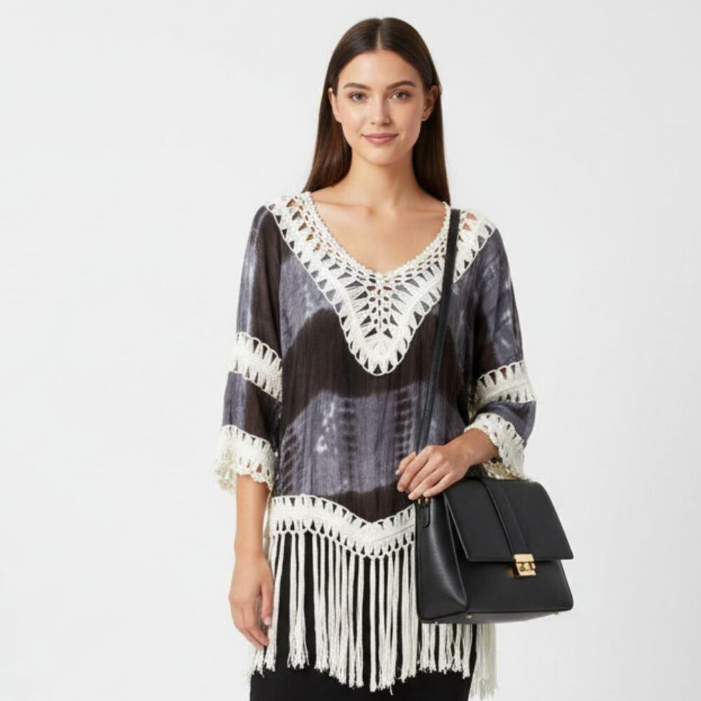 Time Line Gray & Ivory Crochet Tie Dye 3/4 Sleeve Fringe Trim Blouse Top S